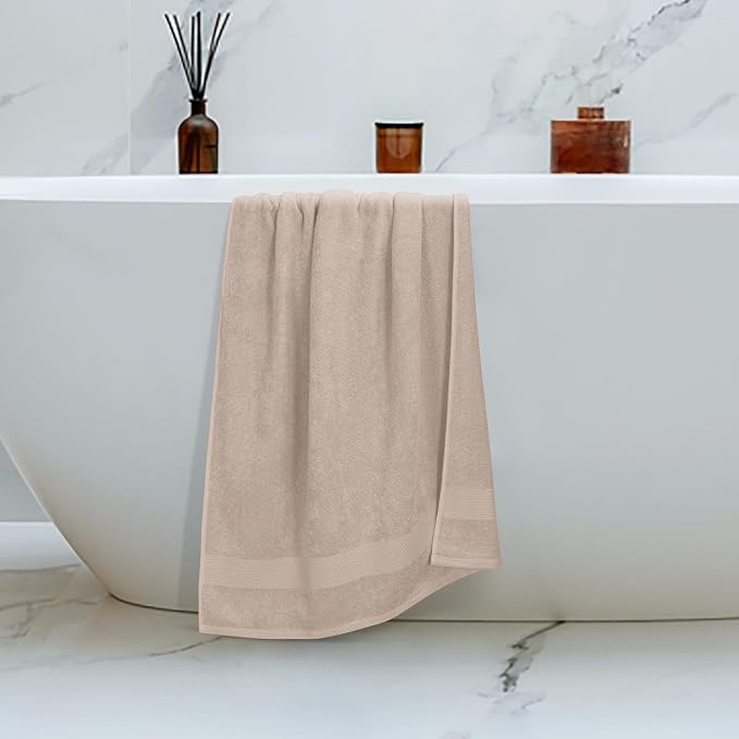 Belizzi Home 4 Pack Bath Towel Set 27x54, 100% Ring Spun Cotton, Ultra Soft Highly Absorbent Machine Washable Hotel Spa Quality Bath Towels for Bathroom, 4 Bath Towels - Tan