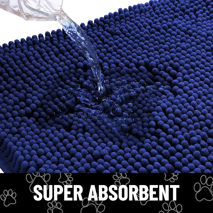 Smiry Dog Door Mat for Muddy Paws, Absorbent Dirt Trapper Non Slip Quick Dry Washable Chenille Mat for Mud Dogs, Entry Rug for Indoor and Outdoor (24x16 Inches, Navy Blue and White)