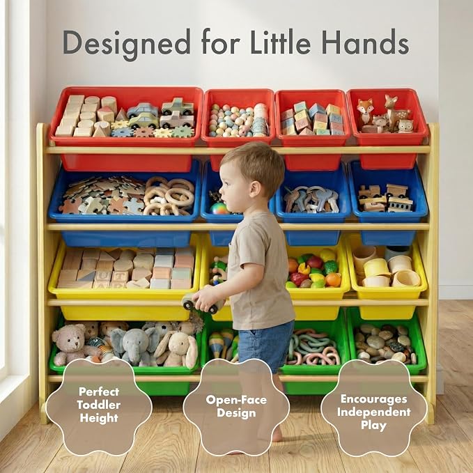 Humble Crew Toy Storage Organizer with 16 Removable Storage Bins for Kids Playroom, 4-Tier Toddler Toy Organization, Natural Wood/Primary