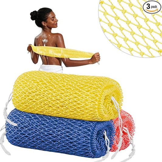 Cleangor 3Pcs African Net Sponge Authentic with Knots - Exfoliating Body | Scrubber for All Skin Types, African Bath Sponge, Wash Cloth, Gentle Exfoliation Shower Rag for Women Daily Use