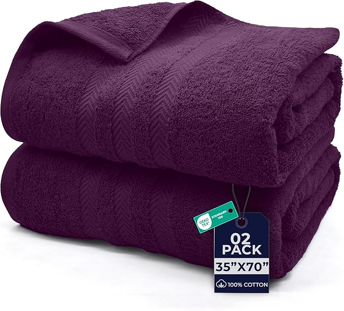DAN RIVER 2 Pack Bath Sheets Extra Large 35x70, Large Bath Towels for Adults, XL Oversized Heavy Duty Towel Set, 600 GSM 100% Ring Spun Cotton, Soft Quick Dry, Purple Passion