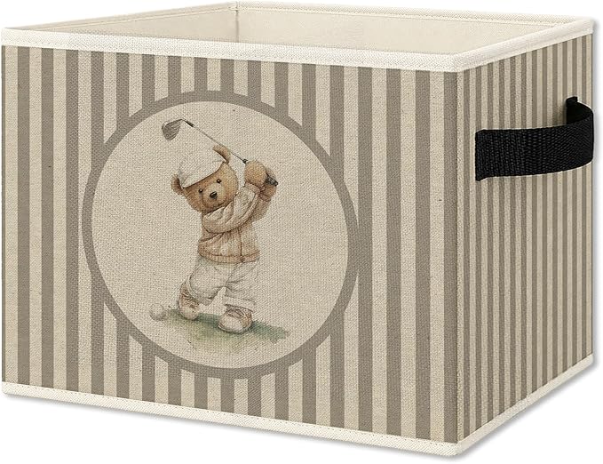 Vintage Golf Bear Storage Bins Box with Handles, Sports Kids Decor for Boys, Neutral Gingham Sports Ball Collapsible Organizer Basket for Nursery Room Bedroom Playroom Toys Books