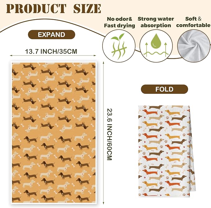 Kitchen Towels Set of 2, Filled with Dachshund Dish Towel for Kitchen, Decorative Hand Towels for Bathroom, Fast Drying Tea Towel, Housewarming Gifts for Wiener Dog Lover Women Mom -B04