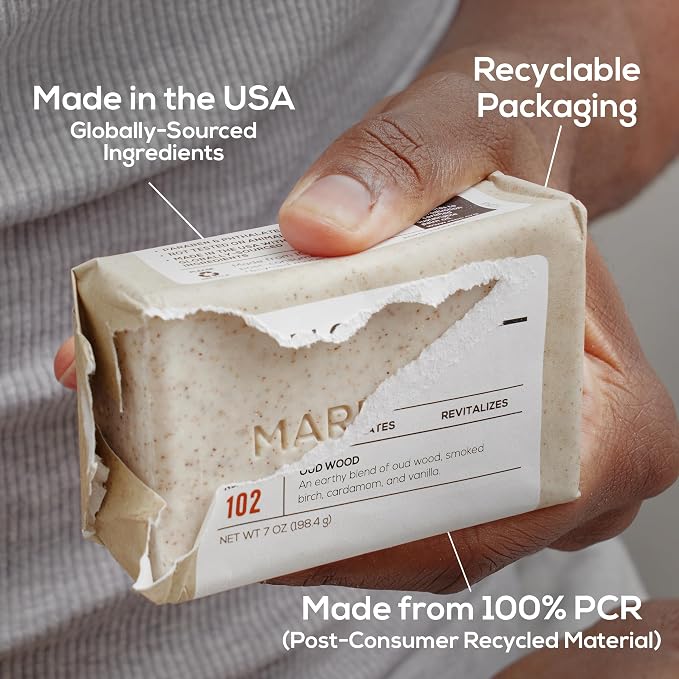 MARLOWE. Body Scrub Soap, Exfoliating Soap Bar, Oud Wood, 7 oz (12 Bars) | Scrub Soap Bar that deeply cleanses and exfoliates while buffing away rough, dry skin. Oud Wood scent.