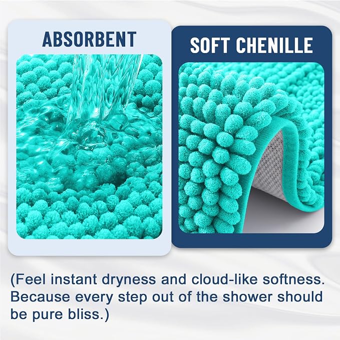 Grandaily Chenille Striped Bathroom Rugs 47x20, Extra Thick and Soft Absorbent Bath Mats, Rubber Backing, Plush Shaggy Shower Carpet, Machine Wash Dry, Bath Rug for Bathroom, Turquoise
