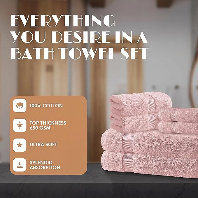 White Classic Pink Bath Towel Set of 6-100% Cotton Highly Absorbent Towels for Bathroom, 2 Luxury Bath Towels 650GSM, 2 Hand Towels, 2 Washcloths