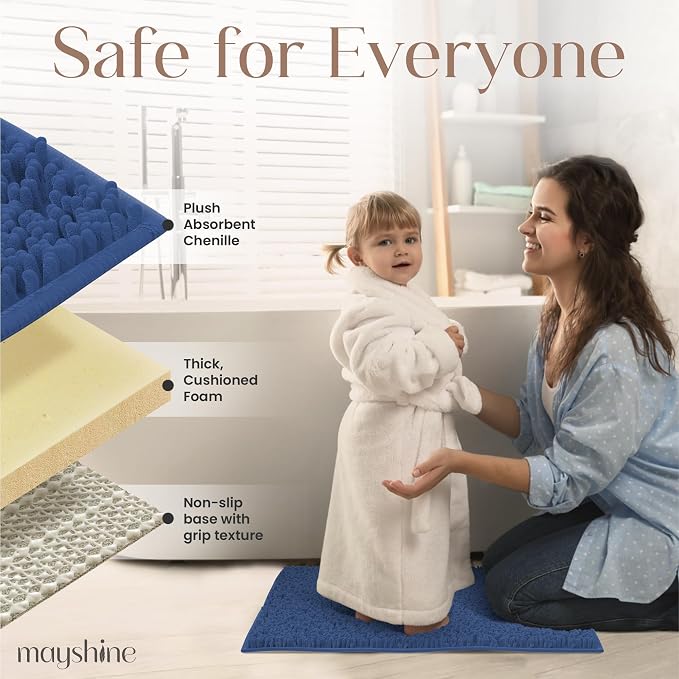 MAYSHINE Large Plush Shaggy Chenille Bath Mat 39"x24" Extra Soft, Super Absorbent, Non-Slip Bathroom Rug | Fluffy Microfiber, Area Rug Sets for Bathroom Floor, Kitchen, Living Room | Dark Blue