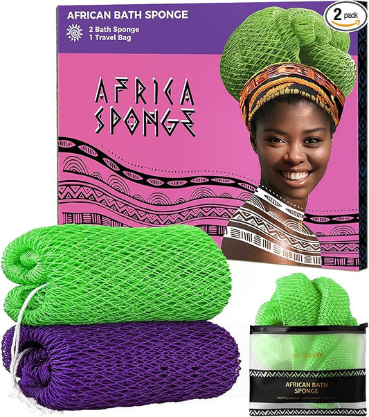 Authentic African Net Sponge with Knots - 2 Pieces Exfoliating Body Sponge Purple & Green - Back Scrubber Shower Exfoliator for Women Personal Care - Shower Scrub for Body Wash Bathing Accessories