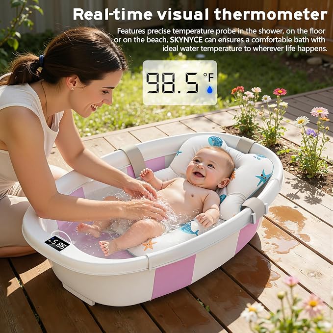 Collapsible Baby Bathtub for Newborn to Toddler 0-36 Months, Large Baby Bath Tub with Thermometer & Cushion, Easy Setup Foldable Travel Infant Bathtub, Newborn Babies Boy Girls Bath Tubs Purple Size