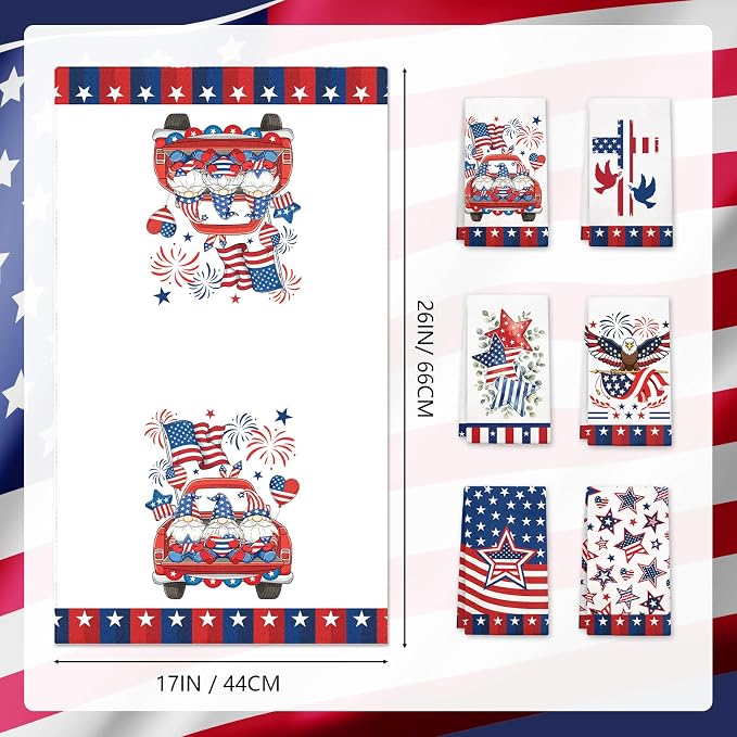 4th of July Kitchen Towels 6 PCS, Patriotic Vintage Hand Towel for Bathroom Home, Independence Day Tea Towels, Kitchen Dish Towel for Memorial Day, Blue American Flag Stars Eagle, 17 X 26in