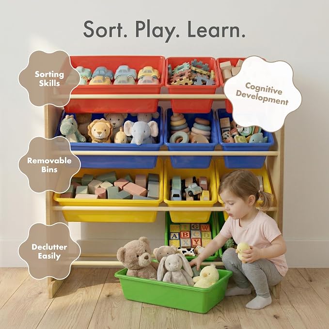 Humble Crew Kids' Toy Storage Organizer with 12 Plastic Bins, Natural/Primary, Model Number: WO560