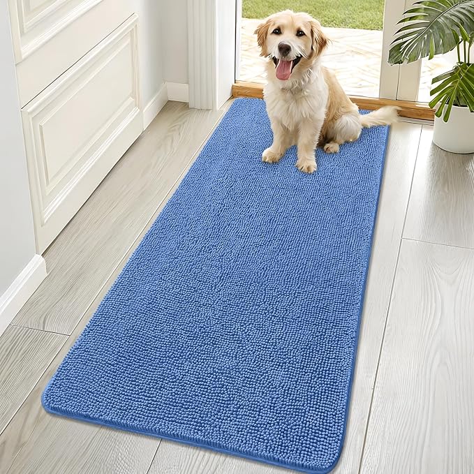 OLANLY Dog Door Mat for Muddy Paws 70x32, Absorbs Moisture and Dirt, Absorbent Non-Slip Washable Doormat, Quick Dry Chenille Mud Mat, Entry Indoor Entryway Carpet for Inside Floor, Cornflower Blue