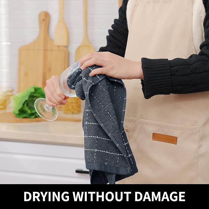 Homaxy 100% Cotton Terry Kitchen Towels(Dark Grey, 20 x 28 inches), Checkered Designed, Soft and Super Absorbent Dish Towels, Large 8 Pack