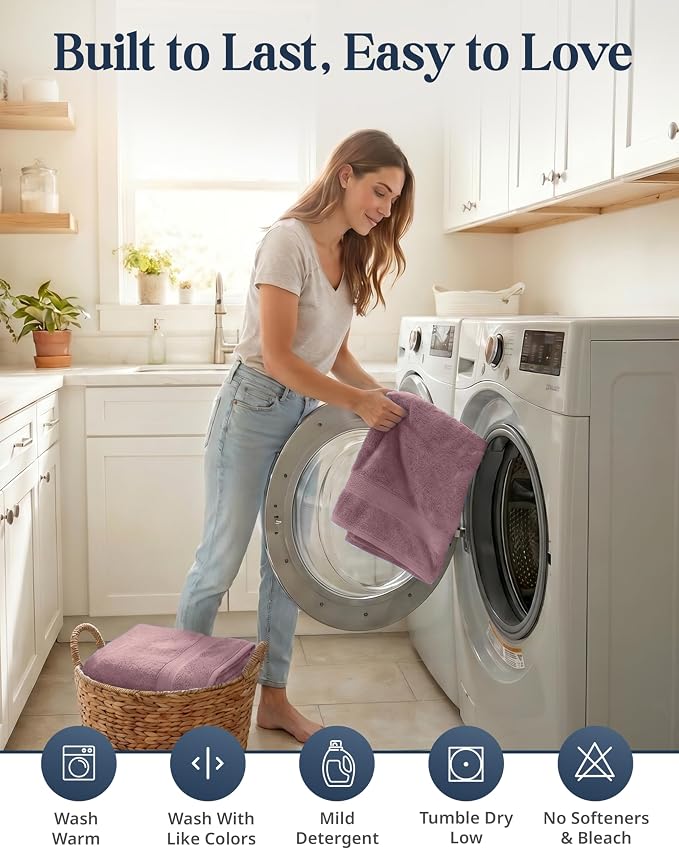 LANE LINEN 100% Cotton Turkish Towels for Bathroom - 6 Piece - Softer & Highly Absorbent - 2 Bath, 2 Wash cloths, 2 Hand Towels - Complete Family Set, Hotel Quality & Gentle on Skin - Wistful Mauve