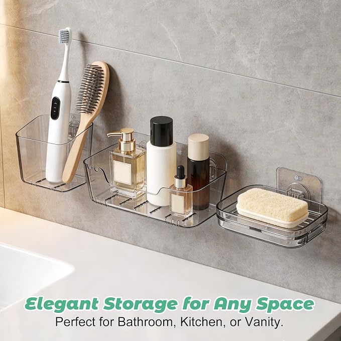 Wakauto 4 Pack Clear Bath Toy Organizer & Shower Caddy Set, Adhesive Bathtub Storage Basket for Kids Baby Toys, Acrylic Bathroom Wall Holder Bin (1 Large & 1 Small Organizer, 2 Soap Dishes)