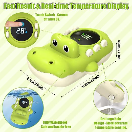 Baby Bath Thermometer - Alligator Shaped Digital Floating Water Thermometer with LED Display & Water Spray Gift for Infants Newborns Toddlers, Waterproof Bath Tub Sensor with Color Alerts