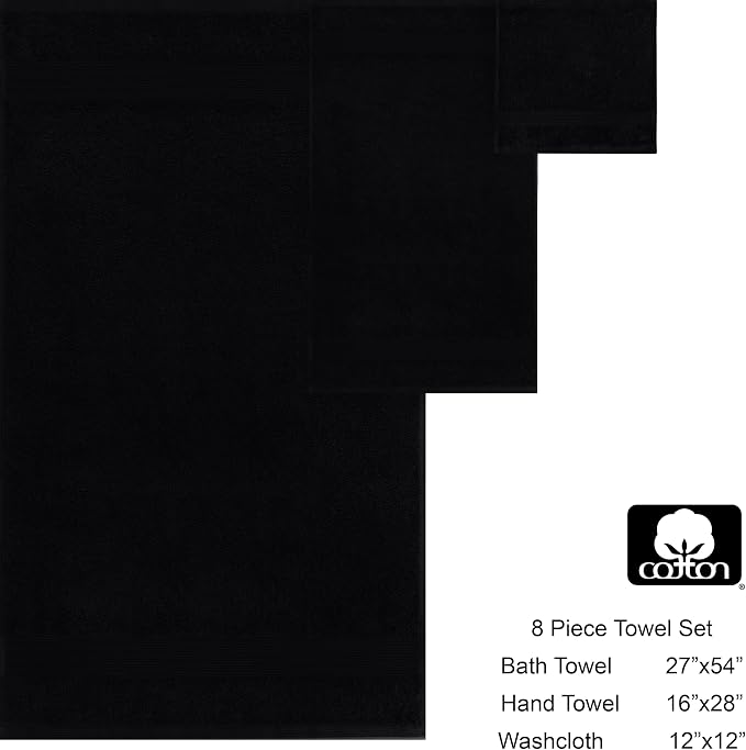 COTTON CRAFT 8 Piece Towel Set - 100% Cotton Plush 500 GSM Bathroom Towels - Soft Super Absorbent Quick Dry - Luxurious Border - 2 Bath, 2 Hand, 4 Washcloth - Black
