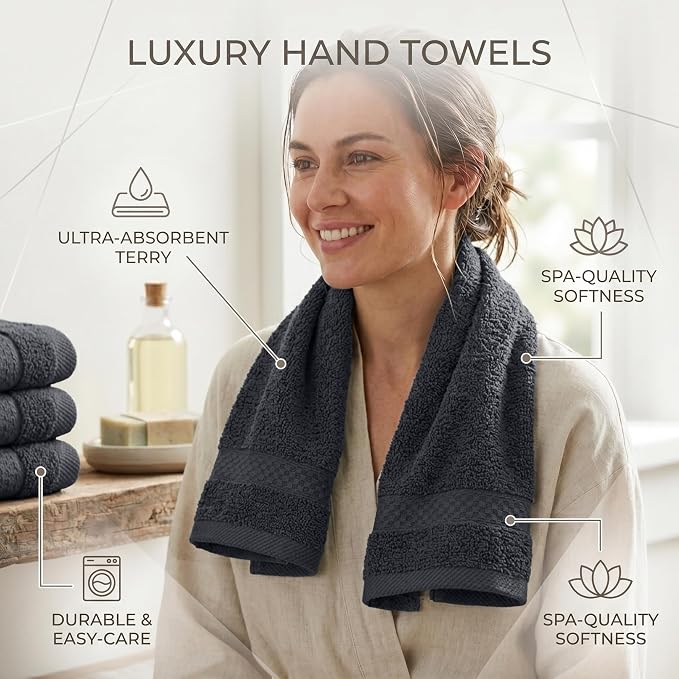 RIVERSIDE 6-Pack Premium Hand Towels Set, 16x28 inches, 100% Ring Spun Cotton, Super Soft, Quicker to Dry and Highly Absorbent, Towels for Bathroom, Kitchen, Gym, (Charcoal Gray)