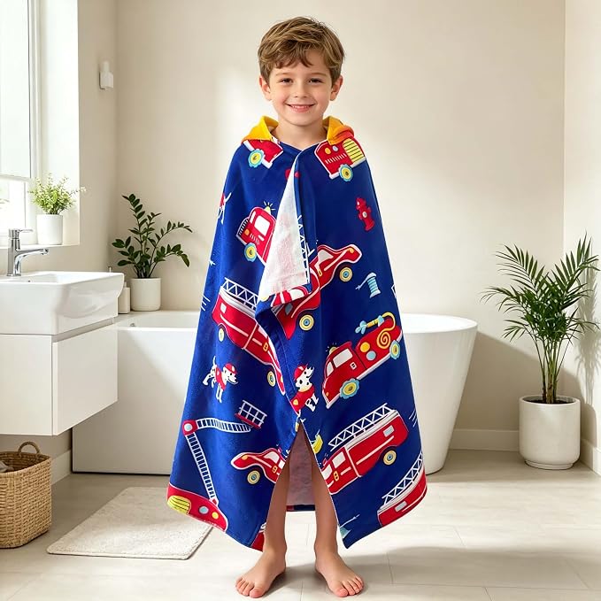 VOOVA & MOVAS Kids Bath Towels Age 3-8, 30''X50, Soft | Thick | 100% Cotton, Beach | Pool | Bath | Swim Towels | Cover Up for Boys, Blue Fire Truck Theme