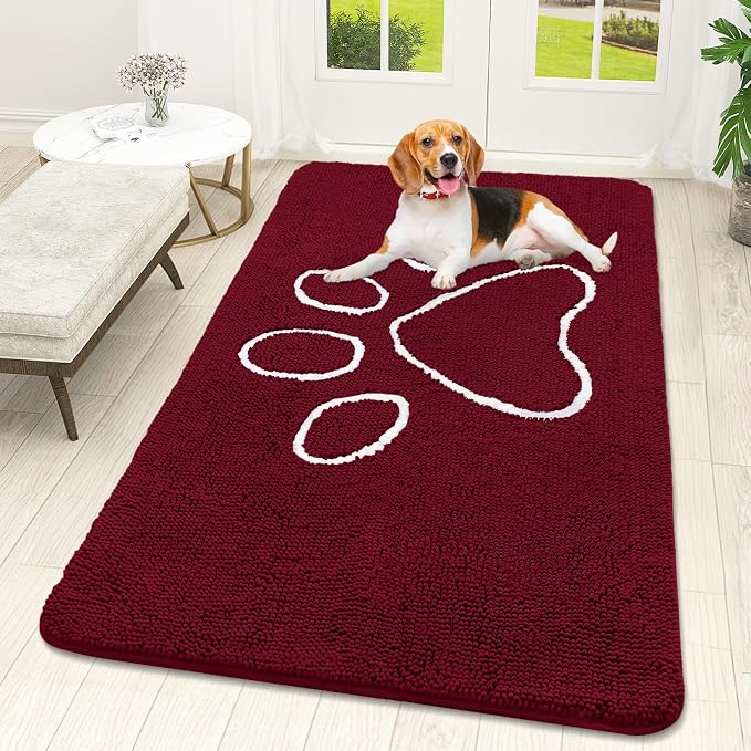 OLANLY Dog Door Mat for Muddy Paws 59x32, Paw Print Design, Absorbs Moisture and Dirt, Absorbent Non-Slip Washable Doormat, Quick Dry Chenille Mud Mat for Dogs, Entry Indoor Entryway Carpet, Burgundy
