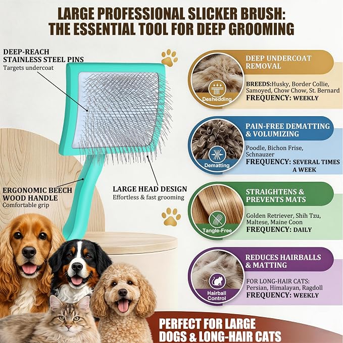 Wooden Long Pin Slicker Brush for Dogs, Doodles, Poodles, Long Hair | Grooming, Detangling, and Fluffing for Wavy and Curly Hair—Designed for Heavy, Thick Coats to Prevent Matting at Home
