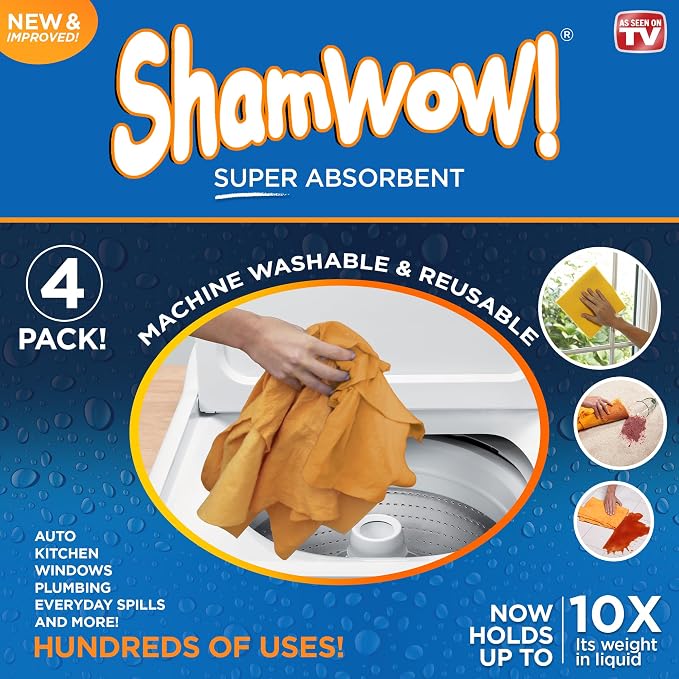 ShamWow 4pk (20"x27") Shammy Super Absorbent Multi-Purpose Home Cleaning, Chamois Towel for Cars, Lint-Free, Streak-Free & Scratch-Free, Holds 10x Its Weight, Machine Washable, Orange