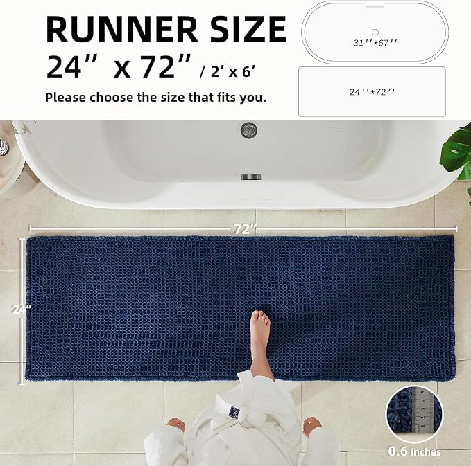 TYUU Waffle Runner Rug Bathroom, Long Boho Bathroom Rugs Non Slip Washable Super Absorbent Quick Dry Farmhouse Bath Decor, 72"x24" Navy Blue