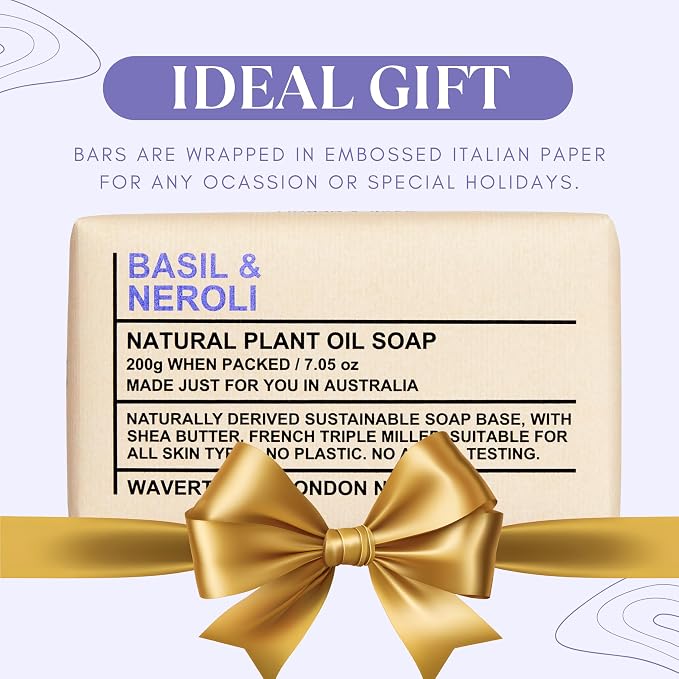 Wavertree & London Basil & Neroli Scented Natural Soap Bars (2 Bars), 7oz Moisturizing French Triple Milled Soap enriched with shea butter - Plant Oil Bath & Body Soap Bars [100% Naturally derived]