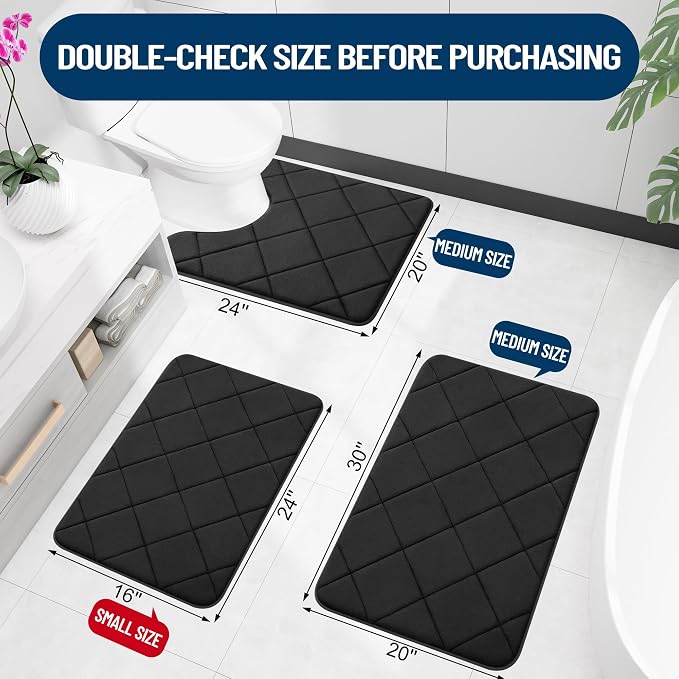 OLANLY Memory Foam Bath Mat 30x20, Ultra Soft and Absorbent Bathroom Rugs, Machine Washable, Comfortable Bath Carpet for Bathroom Floor, Tub and Shower, Black