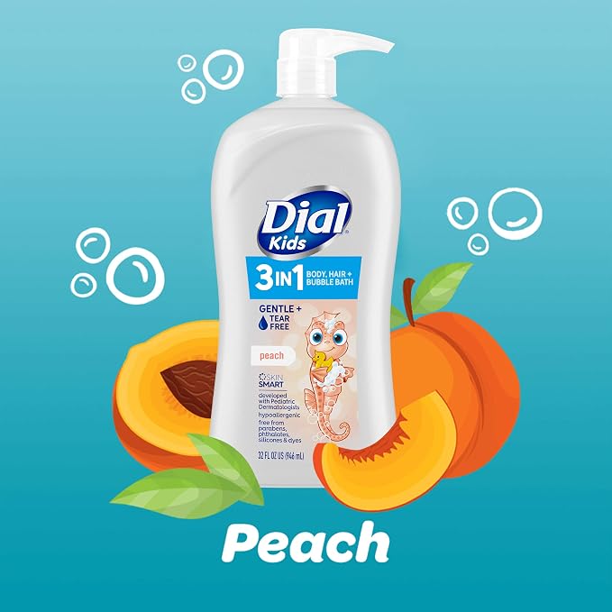 Dial Kids All-in-1 Body + Hair + Bubble Bath, Peach Scent, 32 Fl Oz, Hypoallergenic Body Wash & Shampoo, No Tears Formula for Kids 2+ Years, No Parabens & Silicones (Pack of 2)