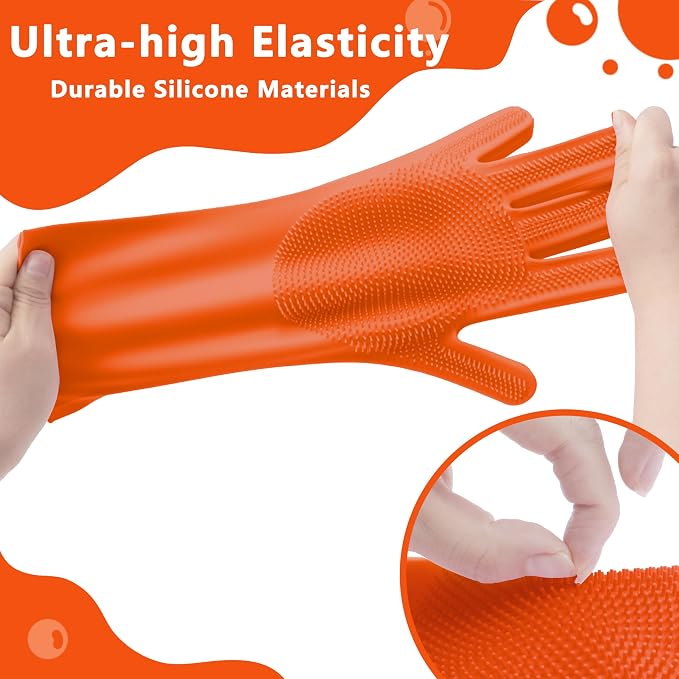 Pet Grooming Gloves—Dog Washing Gloves with High-Density Teeth, Dog Bath Scrubber with Enhanced Five Finger Design, Silicone Gloves for Dogs and Cats Bathing, Massage (Orange)