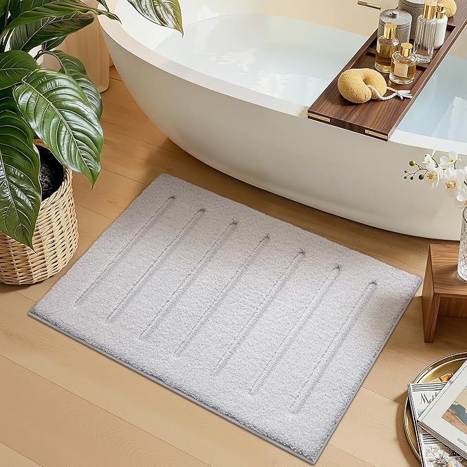 LUMI Non-Slip Skin-Friendly Bathroom Rugs, Hotel Quality Bath Mats for Bathroom, Washable Fluffy Shower Mat, Minimalist Luxury Striped Style,Ideal for Floor, Shower Tub, Entryway, 24"x36", White