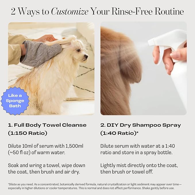 Dog Concentrated Waterless Rinse-Free Shampoo & Conditioner – DIY Dry Shampoo Spray or Towel Cleanse for Dogs - Sensitive Skin, Stress & Itch Relief – 98.65% Naturally Derived - 8x10ml
