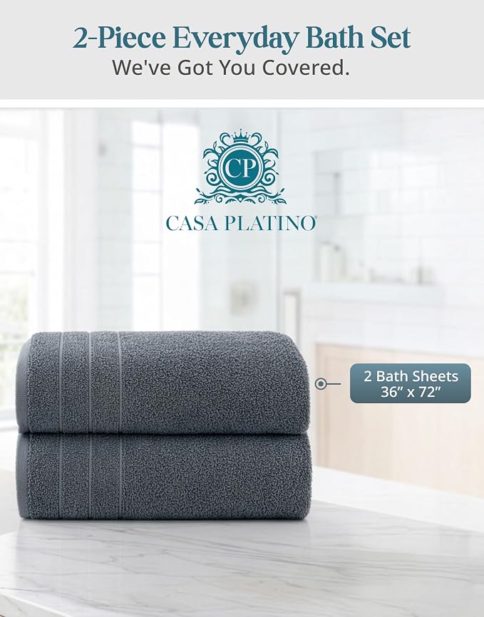 Casa Platino 100% Cotton 2 Pack Bath Sheets (36"x72") - Ring Spun, Extra Large Cotton Bath Towels Set - Quick Dry, Soft & Absorbent Oversized Towel Set - Remains Soft after Multiple Washes - Cool Grey