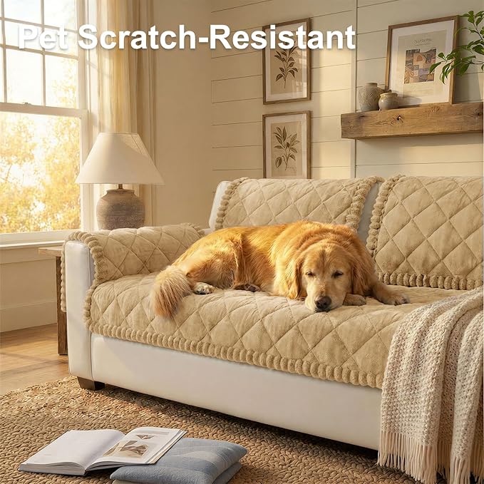 Smiry Couch Cover for Dogs, Non Slip Washable Pet Sofa Protector for Large Dogs, Cats, Fuzzy Plush Sofa Covers for 3 Cushion Couch, Against Fur, Dirt & Scratch Resistant, Camel, 27.6"×82.7"