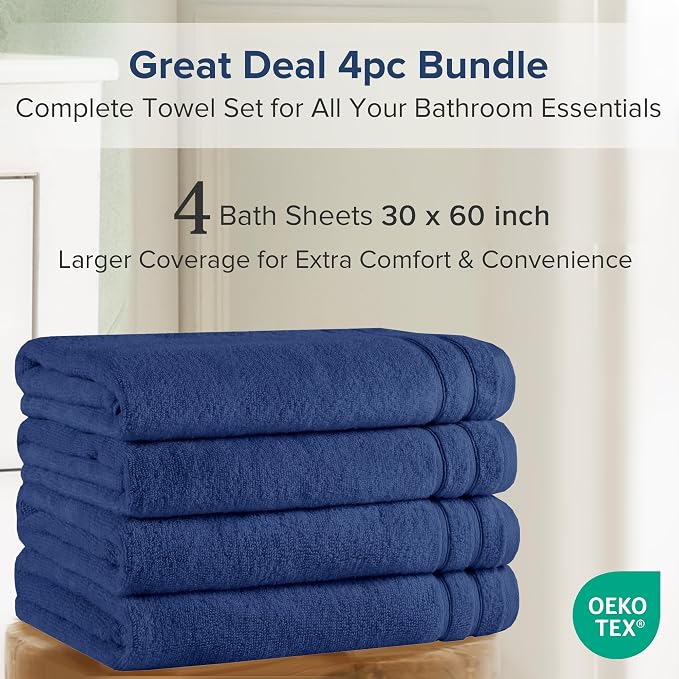 Comfort Spaces 4 Pc Bath Sheet Set 30x60, 100% Cotton 400GSM, Navy Blue | Oversized 30x60 Bath Sheet, Quick Dry Cotton, Dual Layer Extra Absorbent, Great for Shower Beach