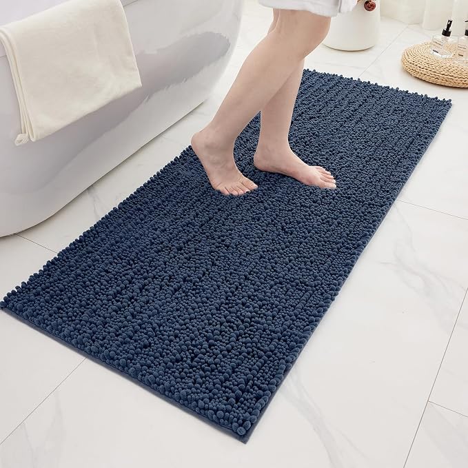 Bathroom Rugs Non Slip Washable 55x24, Extra Thick Soft Chenille Absorbent Bath Mat, High Density Barrier Non Slip Backing, Quick Dry Plush Shaggy Floor Carpet for Tub&Shower, Blue
