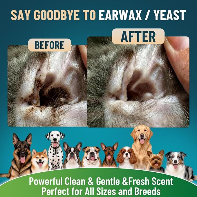VICSOM Dog Ear Infection Treatment Drops, Natural Dog Ear Cleaner Ear Drops for Itch Relief, Support Wax, Odor & Yeast Infection, Dog Ear Cleaning Solution with Ozonated Olive Oil, 60ml