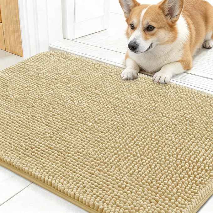 OLANLY Dog Door Mat for Muddy Paws 24x16, Absorbs Moisture and Dirt, Absorbent Non-Slip Washable Doormat, Quick Dry Chenille Mud Mat for Dogs, Entry Indoor Entryway Carpet for Inside Floor, Sand