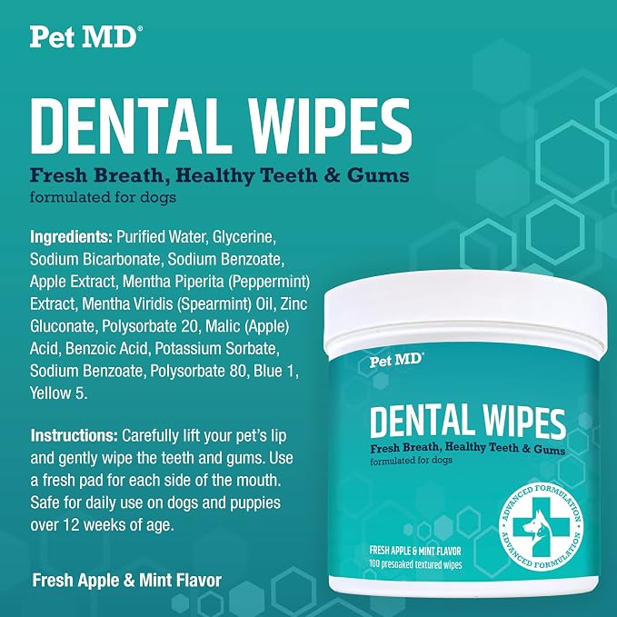 Pet MD Dental Wipes for Dogs Teeth - Fresh Apple & Mint Flavor - 100ct | Dog Teeth Cleaning Wipes to Remove Plaque and Tartar - Promotes Healthy Gums & Fresh Breath for Overall Oral Hygiene