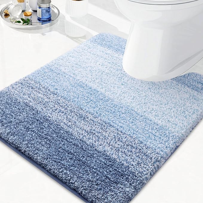 Arotive Microfiber Bathroom Rugs, Shaggy Soft and Absorbent Contour Toilet Rugs, Thick Plush Machine Washable Dry Bath Mats for Toilet Base, 24x20, Light Blue, U-Shape