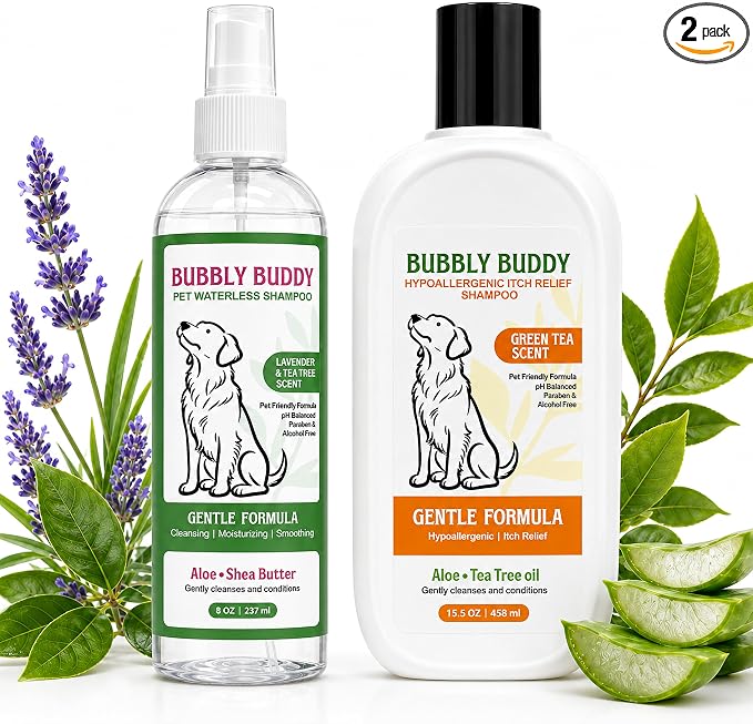 Dog Shampoo Set, Waterless Dog Shampoo Spray 8 oz Lavender & Tea Tree Scent + Hypoallergenic Itch Relief Shampoo 15.5 oz Green Tea Scent, No Rinse Dog Shampoo & Sensitive Skin Care Set