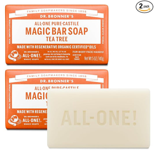 Dr. Bronner's Pure-Castile Magic Bar Soaps - Made with Regenerative Organic Certified Oils - For Face, Body, Hair- Vegan Soap Bars for Men & Women - Tea Tree, 2 pack, 5 oz