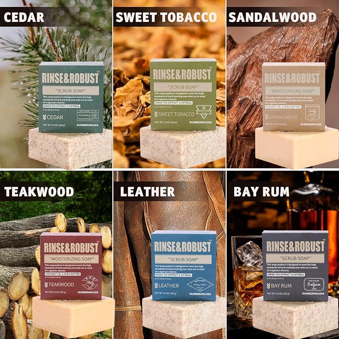 Rinse & Robust Mens Soap Bar Set 6Pcs Natural Handmade Cleansing Bar Soap Set Moisturizing Exfoliating Scrub Soap Fathers Day Gift for Dad All Skin Type, 6 Different Scents, 3.5 oz of 6 Bars