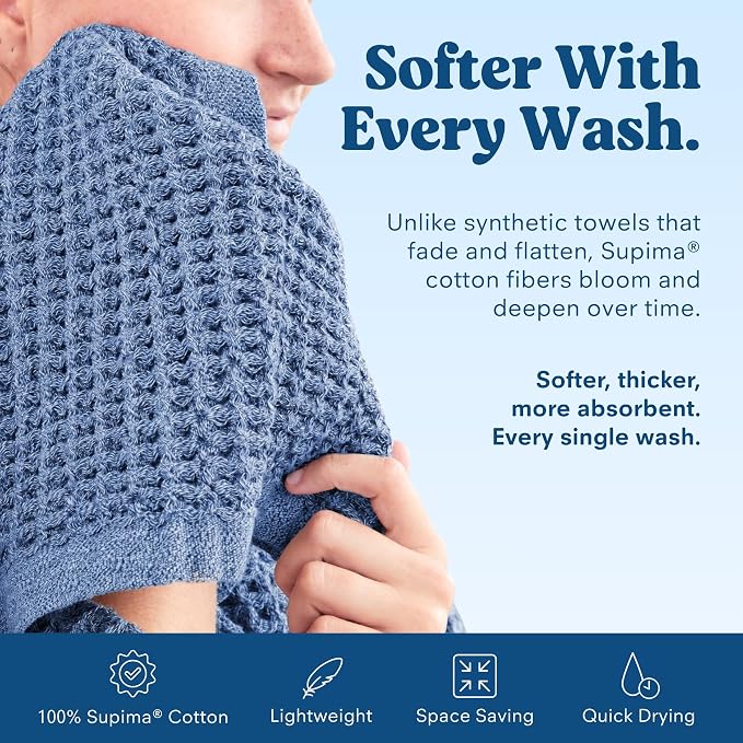 ONSEN Supima® Waffle Bath Sheet, Large, Quick Dry Lint Free 100% USA Cotton, Oversize Lightweight Absorbent Bath Sheet, 38x67 in (Denim Blue, 1x Bath Sheet)