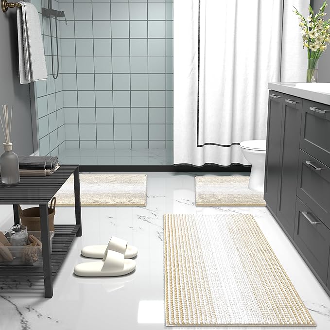 OLANLY Bathroom Runner Rugs 47x20, Extra Soft Absorbent Chenille Striped Bath Rugs, Rubber Backing, Machine Wash Dry, Long Bath Mats for Bathroom, Tub, Shower, Home Decor Accessories, Beige