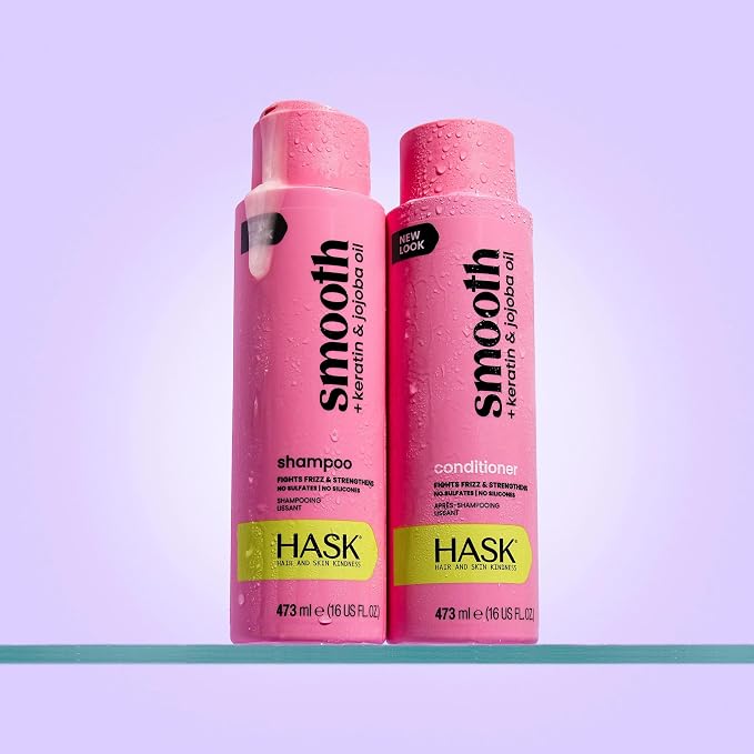 HASK Smooth + Keratin Shampoo + Conditioner Set | with Jojoba Oil for Frizzy, Unruly Hair | 16oz each, 2 Pack