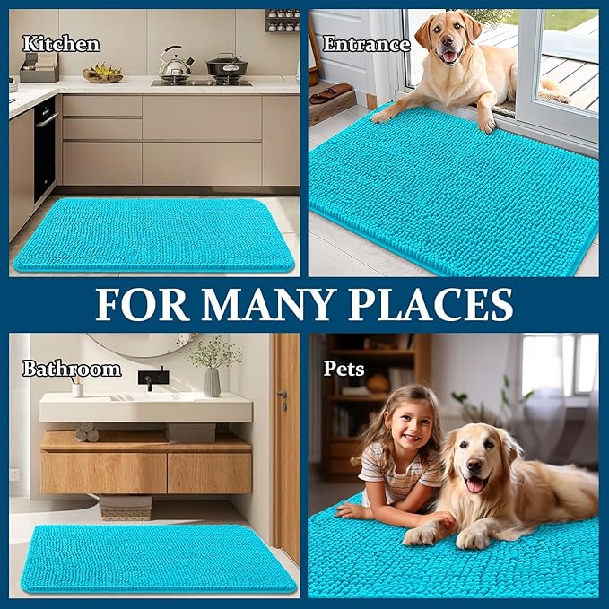 OLANLY Dog Door Mat for Muddy Paws 40x24, Absorbs Moisture and Dirt, Absorbent Non-Slip Washable Doormat, Quick Dry Chenille Mud Mat for Dogs, Entry Indoor Entryway Carpet for Inside Floor, Aqua Blue