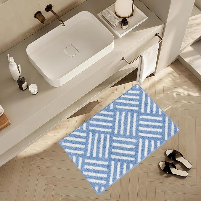 ORTIGIA Striped Blue Bathroom Rugs Non Slip Washable, 20x30 Quick Dry Absorbent Soft Plush Microfiber Bath Mats, Bath Rugs for Bathroom Floor Carpet for Sink Bedroom