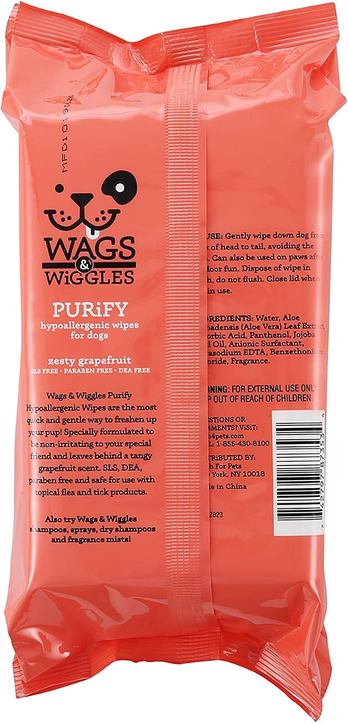 Wags & Wiggles Purify Hypoallergenic Dog Wipes for Sensitive Skin, Paw and Body Grooming Wipes with Gentle Plant Based Formula for Everyday Cleaning, Zesty Grapefruit Scent, 100 Count (Pack of 2)